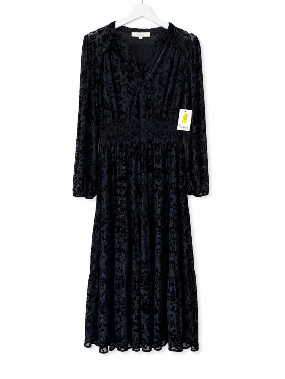 NWT Nature Black Velvet Burnout Long Sleeve Dress Sz. S Peasant Boho Whimsy goth